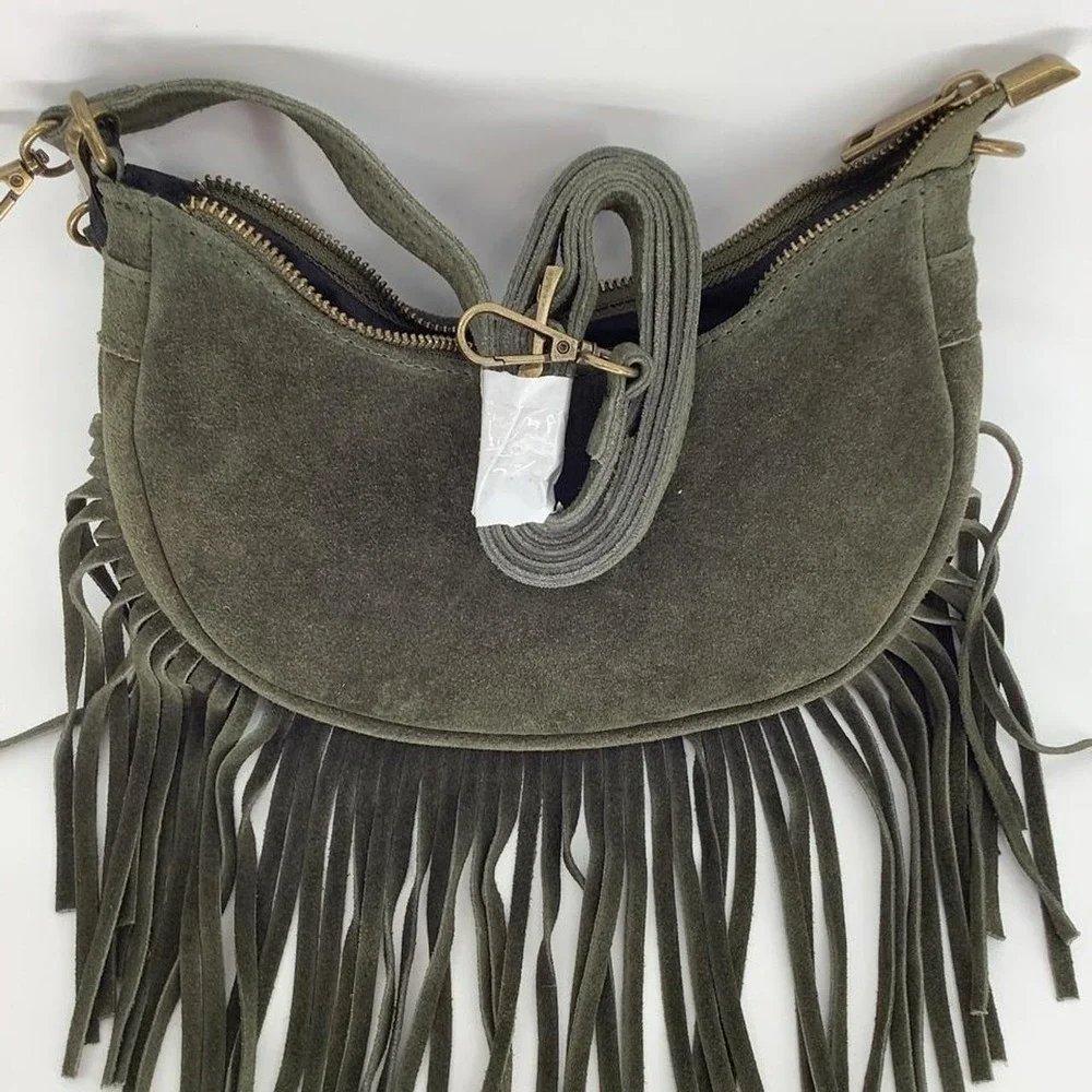 Marlon Firenze Olive Green Genuine Suede Fringe Hobo Shoulder Bag Italy NEW